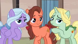 Size: 1920x1080 | Tagged: safe, derpibooru import, screencap, dear darling, fond feather, swoon song, earth pony, pegasus, pony, unicorn, hard to say anything, season 7, 1080p, bimbettes, female, happy, image, lidded eyes, looking at you, mare, png, raised hoof, trio, trio female