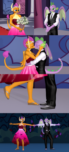 Size: 1920x4214 | Tagged: safe, artist:ponygamer2020, artist:ponygamersfm, derpibooru import, smolder, spike, anthro, dragon, 3d, bouquet, bouquet of flowers, clothes, couple, crying, cute, daaaaaaaaaaaw, dancing, dragoness, dress, duo, eyes closed, feet, female, floral head wreath, flower, good end, happy, happy ending, holding hands, hug, image, kiss on the lips, kissing, legs, legs in air, looking at each other, looking at someone, love, male, marriage, nexgen, older, older smolder, older spike, pants, png, raised leg, sad, sandals, shipping, shoes, smiling, smolderbetes, source filmmaker, spikabetes, spikelove, spolder, straight, tears of joy, tuxedo, wedding, wedding dress, winged spike, wings