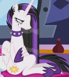 Size: 1376x1536 | Tagged: safe, derpibooru import, screencap, princess celestia, between dark and dawn, annoyed, celestia is not amused, collar, crossed arms, cutie mark, dyed mane, emo, goth, hoof shoes, image, jpeg, makeup, punklestia, sitting, spiked collar, unamused