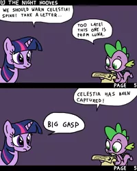 Size: 1600x2000 | Tagged: safe, artist:nopony, derpibooru import, spike, twilight sparkle, dragon, pony, comic:the night hooves, atg 2022, comic, female, gasp, image, male, mare, newbie artist training grounds, png, scroll, speech bubble, winged spike, wings