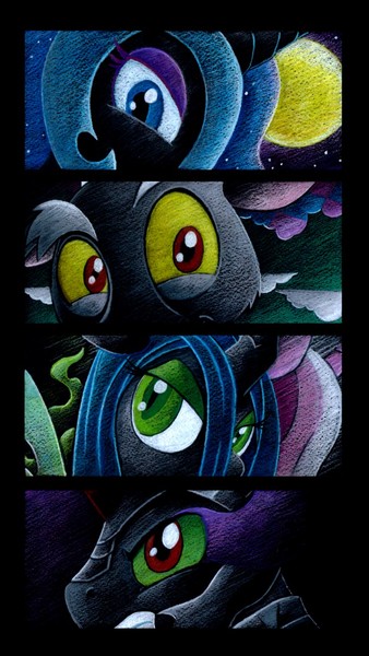 Size: 338x600 | Tagged: safe, derpibooru import, discord, king sombra, nightmare moon, queen chrysalis, alicorn, changeling, changeling queen, unicorn, dramatic pose, eye, eyes, female, image, jpeg, moon, stare