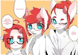 Size: 4093x2894 | Tagged: safe, artist:sugarelement, derpibooru import, oc, oc:red cherry, pegasus, pony, dialogue, glasses, hairstyle, image, paradox, png, self paradox