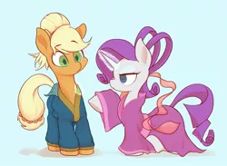 Size: 2101x1542 | Tagged: safe, artist:noupu, derpibooru import, applejack, rarity, earth pony, pony, unicorn, alternate hairstyle, blue background, clothes, duo, duo female, female, freckles, glow, glowing horn, hatless, horn, image, jpeg, kimono (clothing), magic, magic aura, mare, missing accessory, raised hoof, robe, simple background