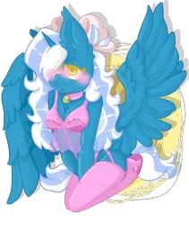 Size: 1600x1900 | Tagged: suggestive, derpibooru import, oc, oc:fleurbelle, alicorn, pony, semi-anthro, alicorn oc, bell, bell collar, blushing, bow, bra, breasts, cleavage, clothes, collar, female, hair bow, heart, heart eyes, horn, image, lingerie, mare, panties, png, sexy, simple background, suspenders, transparent background, underwear, wingding eyes, wings