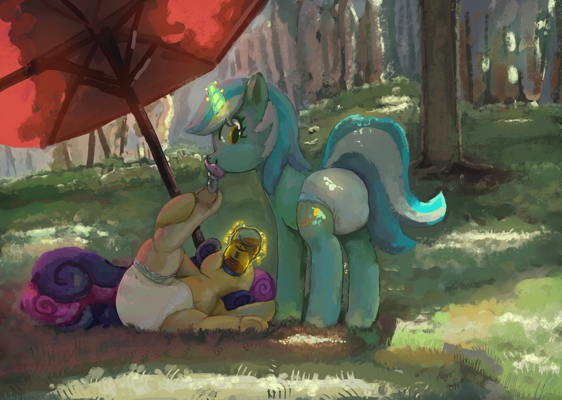 Size: 2732x1944 | Tagged: questionable, artist:asdfasfasda, derpibooru import, bon bon, lyra heartstrings, sweetie drops, diaper, diaper fetish, duo, feeding, fetish, foal bottle, forest, grass, image, jpeg, looking back, lying down, non-baby in diaper, on back, pacifier, smiling, standing, summer, tree, umbrella