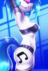 Size: 1000x1500 | Tagged: suggestive, alternate version, artist:shad0w-galaxy, derpibooru import, vinyl scratch, anthro, pony, unicorn, clothes, cyberpunk, female, headset, image, mare, png, sexy, simple background, smiling, solo, stretching, sultry pose, underwear, vinyl's glasses, watermark