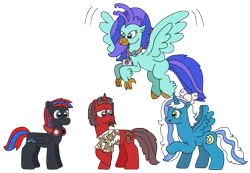 Size: 3264x2256 | Tagged: safe, artist:supahdonarudo, derpibooru import, oc, oc:fleurbelle, oc:ironyoshi, oc:sea lilly, oc:smooth walker, unofficial characters only, alicorn, classical hippogriff, hippogriff, pegasus, unicorn, bow, camera, clothes, flying, headphones, image, jewelry, looking at each other, looking at someone, necklace, newbie artist training grounds, png, raised hoof, shirt, simple background, transparent background, worried