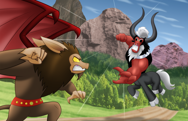 Size: 1920x1243 | Tagged: safe, artist:aleximusprime, derpibooru import, lord tirek, scorpan, centaur, gargoyle, taur, fanfic:tirek vs scorpan, flurry heart's story, action, action pose, angry, bat wings, belt, brothers, fanfic art, fight, fist, gritted teeth, horns, image, jumping, male, mountain, nose piercing, nose ring, outdoors, piercing, png, punch, siblings, sky, teeth, tirek vs scorpan, tree, wings