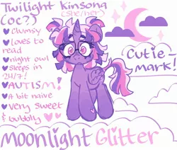 Size: 2600x2200 | Tagged: safe, artist:cherubkewpie, derpibooru import, oc, oc:moonlight glitter, unofficial characters only, alicorn, pony, alternate design, alternate hairstyle, glasses, heart, image, jpeg, looking at you, reference sheet, smiling, solo