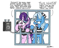 Size: 1024x829 | Tagged: safe, artist:bobthedalek, derpibooru import, starlight glimmer, trixie, pony, unicorn, road to friendship, angry, atg 2022, clothes, female, hand cuffs, hat, image, implied twilight sparkle, inconvenient trixie, jail, jpeg, mare, mutiny, newbie artist training grounds, prison outfit, shirt