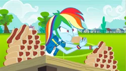 Size: 1280x720 | Tagged: safe, artist:joeychestnutdash, derpibooru import, rainbow dash, equestria girls, background, clothes, cloud, eating, eating contest, food, geode of super speed, hot dog, image, jacket, jpeg, magical geodes, meat, rainbow dash scarfing down wieners, sausage, shirt, sky, soccer field, solo, table, this will end in weight gain, tomboy, tree, wiener, wristband