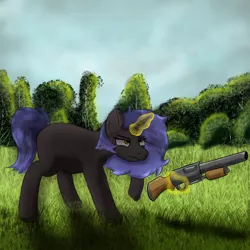 Size: 834x834 | Tagged: safe, artist:vuvu_art, derpibooru import, pony, unicorn, grass, gun, image, magic, png, shotgun, solo, weapon