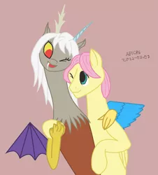 Size: 1197x1326 | Tagged: safe, artist:apic86, derpibooru import, discord, fluttershy, draconequus, pegasus, pony, butterscotch, derpibooru exclusive, discoshy, duo, eris, female, hug, image, looking at each other, looking at someone, male, newbie artist training grounds, png, rule 63, shipping, simple background, straight