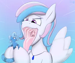 Size: 2392x2000 | Tagged: suggestive, artist:triksa, derpibooru import, oc, oc:starburn, oc:triksa, original species, plush pony, pony, excited, grin, holding a pony, image, implied vore, mawshot, open mouth, plushie, png, simple background, smiling, soft vore, tongue out, vore