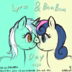 Size: 1000x1000 | Tagged: safe, artist:hiddelgreyk, derpibooru import, bon bon, lyra heartstrings, sweetie drops, earth pony, pony, unicorn, female, heart, image, lesbian, looking at each other, looking at someone, lyra and bon bon day, lyrabon, mare, newbie artist training grounds, png, shipping, simple background