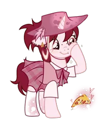 Size: 1150x1459 | Tagged: safe, artist:idkhesoff, derpibooru import, oc, oc:deep dish (mafia), unofficial characters only, pony, unicorn, bowtie, clothes, ear piercing, earring, eye scar, feather, fedora, female, food, hat, image, jewelry, lip piercing, mare, nose piercing, piercing, pizza, png, raised hoof, scar, shirt, simple background, skirt, socks, solo, stockings, thigh highs, transparent background