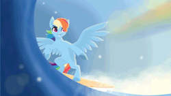 Size: 640x360 | Tagged: safe, artist:rumista, derpibooru import, rainbow dash, pegasus, pony, animated, beach, bipedal, gif, grin, image, rainbow, smiling, solo, spread wings, summer, surfboard, surfing, water, wings