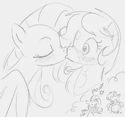 Size: 972x910 | Tagged: safe, artist:dotkwa, derpibooru import, fluttershy, oc, oc:deary dots, earth pony, pegasus, pony, belly button, blushing, canon x oc, eyes closed, female, grayscale, image, kissing, mare, monochrome, nose wrinkle, outie belly button, png, pregnant, rapid pregnancy, shipping