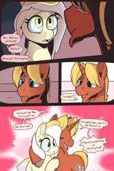 Size: 3000x4500 | Tagged: safe, artist:storyteller, derpibooru import, oc, oc:hard boiled, oc:sunny side, earth pony, pony, unicorn, comic:eavesdrop, comic, dialogue, female, hug, image, male, mare, png, sad, smiling, speech bubble, stallion, worried