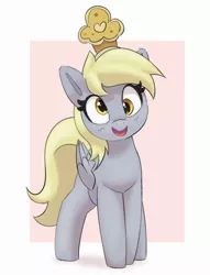 Size: 2223x2908 | Tagged: safe, artist:pabbley, derpibooru import, derpy hooves, pegasus, pony, cute, derpabetes, female, food, image, jewelry, jpeg, looking at you, mare, muffin, open mouth, open smile, simple background, smiling, smiling at you, solo, tiara