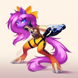 Size: 1080x1080 | Tagged: safe, artist:scarlet-spectrum, derpibooru import, oc, oc:lillybit, unofficial characters only, earth pony, pony, bipedal, bow, clothes, costume, earth pony oc, eye clipping through hair, eyebrows, eyebrows visible through hair, gaming headset, gradient background, gun, hair bow, headphones, headset, image, looking at you, overwatch, png, smiling, smiling at you, solo, tracer, weapon