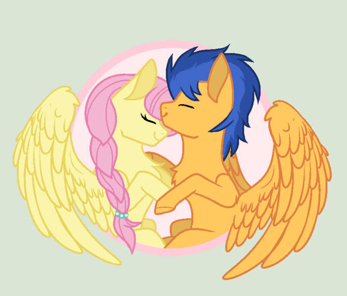 Size: 887x758 | Tagged: safe, artist:dawnthebarrel, derpibooru import, flash sentry, fluttershy, pegasus, pony, alternate hairstyle, base used, braid, chest fluff, duo, duo male and female, eyes closed, female, flutterflash, green background, image, male, mare, png, shipping, simple background, smiling, stallion, straight