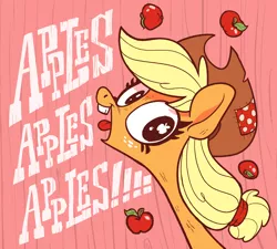 Size: 1936x1741 | Tagged: safe, artist:jimmyjamno1, derpibooru import, applejack, earth pony, pony, friendship is witchcraft, apple, food, image, jpeg, looking at you, open mouth, smiling, solo, tongue out