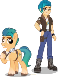 Size: 6500x8626 | Tagged: safe, artist:n0kkun, derpibooru import, hitch trailblazer, earth pony, pony, equestria girls, absurd resolution, belt, boots, clothes, coat, denim, duality, equestria girls-ified, g4, g5, g5 to equestria girls, g5 to g4, generation leap, grin, image, jeans, jewelry, male, markings, necklace, pants, png, raised hoof, self paradox, self ponidox, shirt, shoes, simple background, smiling, solo, stallion, t-shirt, transparent background, unshorn fetlocks, vector