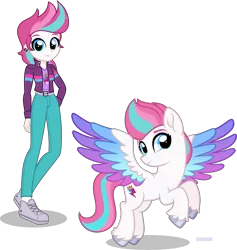 Size: 8000x8440 | Tagged: safe, artist:n0kkun, derpibooru import, zipp storm, pegasus, pony, equestria girls, absurd resolution, belt, clothes, denim, duality, ear piercing, earring, equestria girls-ified, female, flying, g4, g5, g5 to equestria girls, g5 to g4, generation leap, image, jacket, jeans, jewelry, mare, markings, pants, piercing, png, self paradox, self ponidox, shirt, shoes, simple background, sneakers, solo, t-shirt, transparent background, unshorn fetlocks, vector