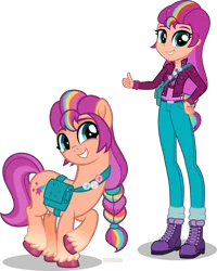 Size: 7000x8756 | Tagged: safe, artist:n0kkun, derpibooru import, sunny starscout, earth pony, pony, equestria girls, absurd resolution, bag, belt, boots, clothes, denim, duality, equestria girls-ified, female, g5, grin, image, jacket, jeans, mare, markings, pants, png, raised hoof, raised leg, self paradox, self ponidox, shirt, shoes, simple background, smiling, solo, t-shirt, thumbs up, transparent background, unshorn fetlocks, vector