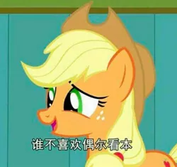 Size: 1077x1014 | Tagged: safe, derpibooru import, screencap, applejack, earth pony, pony, read it and weep, caption, chinese character, female, hat, image, image macro, jpeg, narrowed eyes, solo, solo female, text