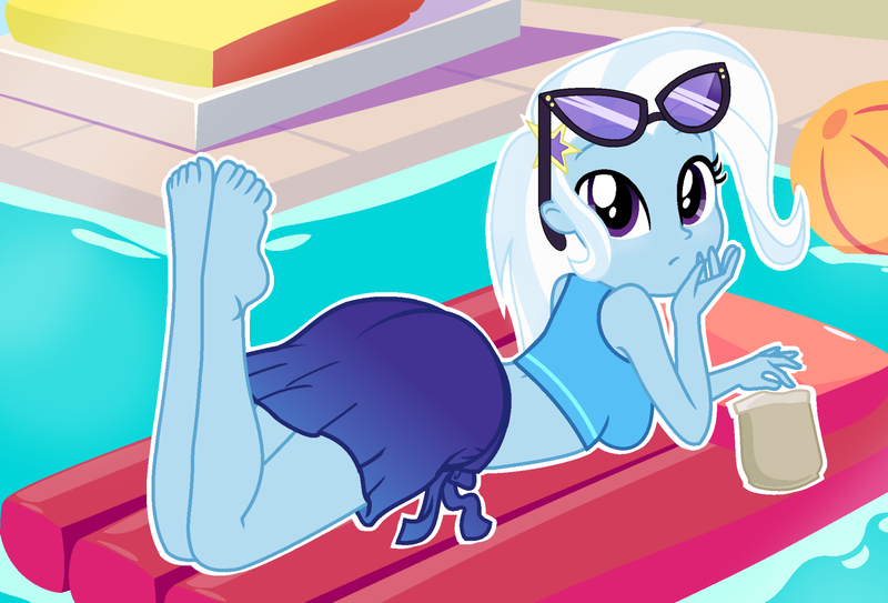 Size: 1920x1303 | Tagged: safe, artist:charliexe, artist:grapefruit-face, derpibooru import, trixie, equestria girls, equestria girls series, forgotten friendship, ball, bare shoulders, barefoot, beach, beach ball, bikini, clothes, cute, feet, female, floaty, food, image, looking at you, png, skirt, sleeveless, solo, summer sunset, swimming pool, swimsuit, the pose, water