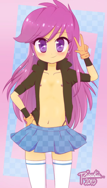 Size: 600x1058 | Tagged: questionable, artist:riouku, banned from derpibooru, edit, editor:anonymous, scootaloo, human, belly button, breasts, child, clothes, delicious flat chest, female, gloves, humanized, image, lolicon, long hair, looking at you, midriff, nipples, nudity, panties, partial nudity, partial nudity edit, peace sign, png, skirt, skirtaloo, smiling, solo, stockings, thigh highs, thong, underage, underwear