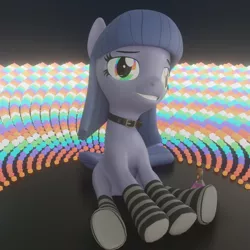 Size: 2160x2160 | Tagged: safe, artist:the luna fan, derpibooru import, oc, oc:cosmia nebula, unofficial characters only, earth pony, 3d, blender, blender eevee, choker, clothes, earth pony oc, high, high res, image, png, psychedelic, rainbow eyes, sitting, smiling, socks, stoned, striped socks