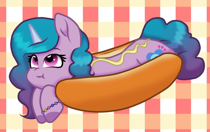 Size: 1350x850 | Tagged: safe, artist:horsesrnaked, derpibooru import, izzy moonbow, pegasus, pony, bracelet, curly hair, curly mane, curly tail, cute, cutie mark, ears up, eyebrows, food, g5, gingham pattern, glizzy moonbow, hooves, hot dog bun, image, izzybetes, jewelry, mustard, png, sauce, simple background, smiling, smirk, solo, tail