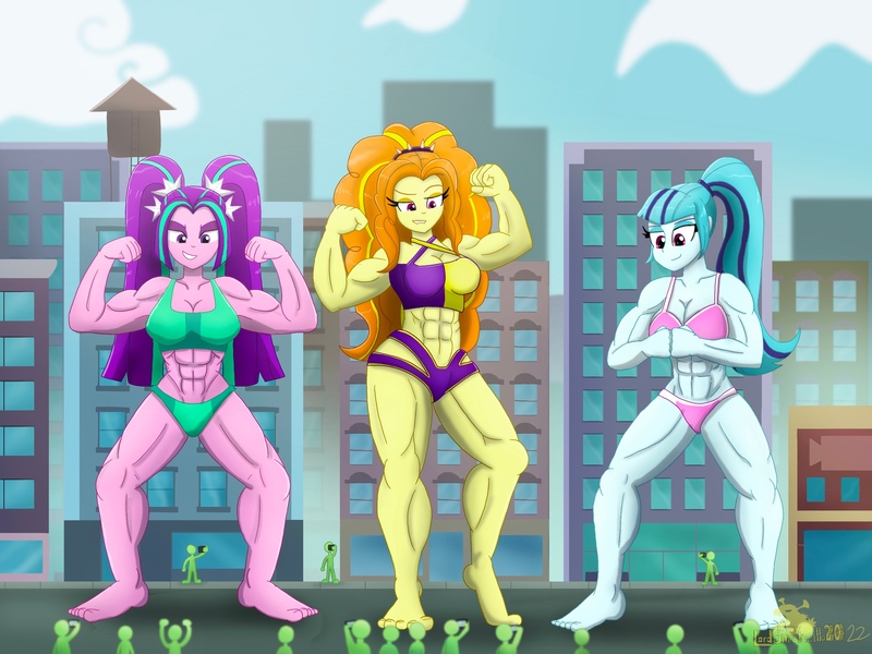 Size: 2732x2048 | Tagged: suggestive, artist:lordshrekzilla20, derpibooru import, adagio dazzle, aria blaze, sonata dusk, equestria girls, abs, acardio dazzle, aria buff, bikini, breasts, city, clothes, cloud, feet, female, fetish, flexing, flexing muscles, giantess, hairband, image, jpeg, legs, lidded eyes, looking down, looking up, macro, muscle fetish, muscles, ponytail, ponytails, pose, raised eyebrow, sky, swimsuit, swolenata dusk, the dazzlings