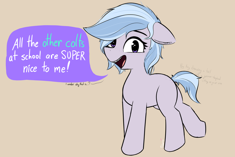 Size: 3256x2181 | Tagged: safe, artist:pinkberry, derpibooru import, oc, oc:winter azure, unofficial characters only, pony, braces, colored, colt, femboy, foal, freckles, image, male, png, speech, speech bubble, talking, talking to viewer, trap