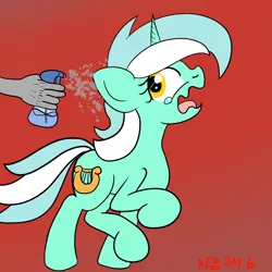 Size: 2000x2000 | Tagged: safe, artist:dafiltafish, derpibooru import, lyra heartstrings, pony, unicorn, crying, disembodied hand, hand, image, newbie artist training grounds, png, red background, run away, running, simple background, solo, spray bottle