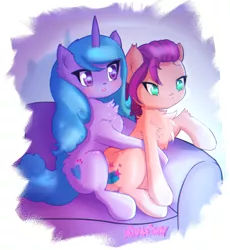 Size: 2000x2172 | Tagged: safe, artist:mistleinn, derpibooru import, izzy moonbow, sunny starscout, earth pony, pony, unicorn, :o, chest fluff, couch, duo, duo female, female, frown, g5, high res, hug, image, jpeg, mare, open mouth, signature, sitting