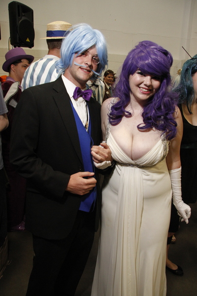 Size: 3456x5184 | Tagged: safe, artist:equestrian-strumpet, derpibooru import, fancypants, rarity, human, bronycon, bronycon 2012, breasts, cleavage, clothes, cosplay, costume, image, irl, irl human, jpeg, photo