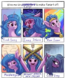 Size: 2000x2400 | Tagged: safe, artist:rocket-lawnchair, derpibooru import, izzy moonbow, pony, unicorn, six fanarts, angel, biblically accurate angels, clock, fangs, female, g5, goth, goth izzy, headband, hoof hold, horn, horn impalement, image, it's morbin time, izzy's beans, jewelry, jpeg, looking at you, mare, microphone, necklace, open mouth, open smile, rain, smiling, smiling at you, sunglasses