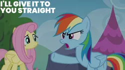 Size: 1280x720 | Tagged: safe, derpibooru import, edit, edited screencap, editor:quoterific, screencap, fluttershy, rainbow dash, pegasus, pony, season 4, trade ya, duo, female, image, jpeg, mare, open mouth, text