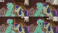 Size: 1280x720 | Tagged: safe, derpibooru import, edit, edited screencap, editor:quoterific, screencap, bon bon, lyra heartstrings, sweetie drops, earth pony, pony, unicorn, season 5, slice of life (episode), crossed hooves, duo, eyes closed, female, image, mare, open mouth, png, ponyville town hall, text