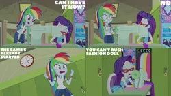 Size: 1280x720 | Tagged: safe, derpibooru import, edit, edited screencap, editor:quoterific, screencap, rainbow dash, rarity, equestria girls, equestria girls series, sock it to me, spoiler:eqg series (season 2), bracelet, canterlot high, duo, duo female, eyes closed, female, geode of shielding, glasses, hairpin, hallway, image, jewelry, jpeg, lockers, magical geodes, open mouth, rarity peplum dress, rarity's glasses, sock it to me: rarity, text