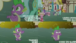 Size: 1280x720 | Tagged: safe, derpibooru import, edit, edited screencap, editor:quoterific, screencap, berry punch, berryshine, bon bon, carrot top, golden harvest, lyra heartstrings, spike, starlight glimmer, sweetie drops, thorax, changedling, changeling, dragon, earth pony, pony, unicorn, season 7, triple threat, female, image, jpeg, king thorax, male, mare, open mouth, open smile, smiling, text