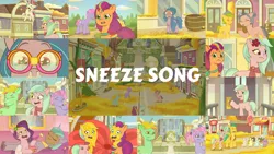 Size: 1280x721 | Tagged: safe, derpibooru import, edit, edited screencap, editor:quoterific, screencap, hitch trailblazer, izzy moonbow, pipp petals, sunny starscout, zipp storm, earth pony, pegasus, pony, unicorn, my little pony: tell your tale, spoiler:g5, spoiler:my little pony: tell your tale, spoiler:tyts01e16, close-up, dahlia, eyes closed, female, flower, flying, g5, goggles, image, male, mane five (g5), mare, neighfever, open mouth, png, pollen, spread wings, stallion, text, wings