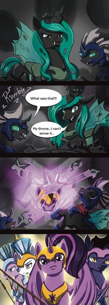 Size: 988x2758 | Tagged: grimdark, artist:aschenstern, derpibooru import, queen chrysalis, twilight sparkle, twilight sparkle (alicorn), alicorn, changeling, pony, comic:flurry and stag, armor, blood, death, image, jpeg