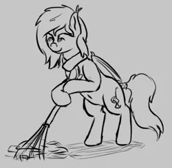 Size: 713x700 | Tagged: safe, artist:barhandar, oc, oc:panne, unofficial characters only, bat pony, pony, belly button, bipedal, bipedal leaning, clothes, ear tufts, female, gray background, grayscale, image, leaf pile, leaf rake, leaning, mare, monochrome, png, rake, scarf, simple background, sketch, solo, tail wrap
