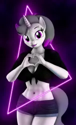 Size: 2491x4096 | Tagged: suggestive, artist:dawnyr, artist:dawnyrs, derpibooru import, oc, oc:hazel radiate, unofficial characters only, anthro, pony, unicorn, anthro oc, belly button, breasts, cleavage, clothes, commission, commissioner:biohazard, cute, eyebrows, eyelashes, female, front knot midriff, glasses, heart, heart hands, high res, highlights, horn, image, jeans, jpeg, looking at you, mare, midriff, neon, pants, ponytail, purple eyes, short jeans, simple background, smiling, smiling at you, solo, unicorn oc, ych result