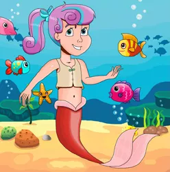 Size: 1357x1370 | Tagged: safe, artist:ocean lover, derpibooru import, princess flurry heart, fish, human, mermaid, beautiful, belly button, blue background, blue eyes, bow, bubble, camisole, clothes, cute, disney, disney princess, disney style, fins, fish tail, flurrybetes, gradient hair, hair bow, human coloration, humanized, image, innocent, kelp, looking up, mermaid tail, mermaidized, mermay, midriff, multicolored hair, ocean, pajamas, png, ponytail, princess melody, red tail, rock, sand, simple background, smiling, species swap, sponge, tail, tanktop, underwater, water